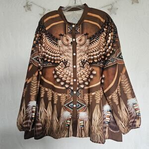 Native American 3XLarge All Over 3d Print Owl Beads Dream Catcher Button Up Top